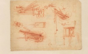 Leonardo Da Vinci, Codice Atlantico, f. 1100 r Schizzi di catapulte (SB) Penna e inchiostro su carta Mm 190 – 252 x 113 – 226 Antica numerazione 74 C.A. f. 1100 r (ex 396 r-a) Circa 1490