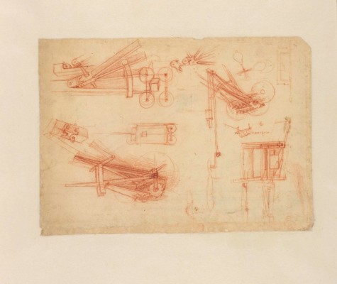 Leonardo Da Vinci, Codice Atlantico, f. 1100 r Schizzi di catapulte (SB) Penna e inchiostro su carta Mm 190 – 252 x 113 – 226 Antica numerazione 74 C.A. f. 1100 r (ex 396 r-a) Circa 1490