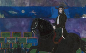 Peter Doig, Horse and Rider, 2014, olio e tempera su tela, 240 x 360 cm, Courtesy l'artista e Michael Werner Gallery