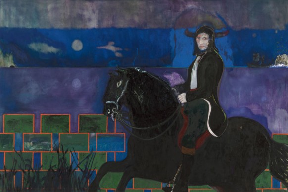 Peter Doig, Horse and Rider, 2014, olio e tempera su tela, 240 x 360 cm,  Courtesy l'artista e Michael Werner Gallery