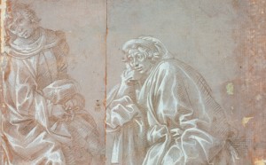 Filippino Lippi, Studi per la figura di un Santo inginocchiato con un pastorale e per una figura in piedi con turbante. Punta metallica, con lumeggiature di biacca su carta preparata in colore grigio, mm 239 x 248. Firenze, Gabinetto Disegni e Stampe degli Uffizi
