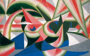 Giacomo Balla, Forze di paesaggio + cocomero, 1917-1918, tempera su carta intelata.© Giacomo Balla, by SIAE 2015