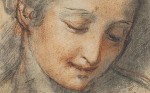 Federico Barocci, Testa di giovane donna con lo sguardo rivolto verso il basso - Carboncino, pietra rossa, carta - Firenze, Gabinetto Disegni e Stampe degli Uffizi