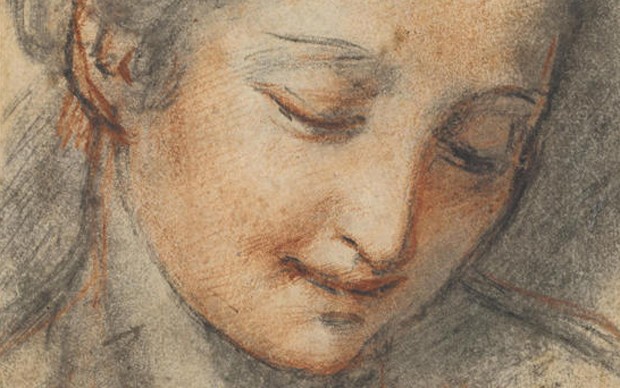 Federico Barocci, Testa di giovane donna con lo sguardo rivolto verso il basso - Carboncino, pietra rossa, carta - Firenze, Gabinetto Disegni e Stampe degli Uffizi