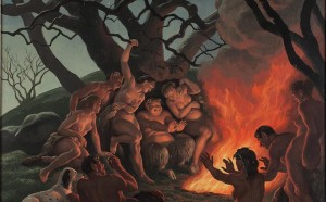 Amos Nattini: La carne al fuoco, ovvero “Il sabbato di Driadi e Satiri”, 1956 olio su tavola, cm. 55 x 65