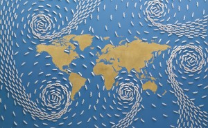 riccardo gusmaroli, Mondo oro – cm 100 x 150 – Anno 2014 - Barche di carta su tela e foglia oro