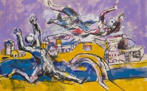 Dario Fo, Bella rincorsa nell’aria, 2015. Tecnica mista su tavola, 90x60 cm. Archivio Franca Rame e Dario Fo