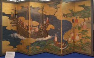 paravento decorativo pieghevole raffigurante l'arrivo degli europei in Giappone, 1600