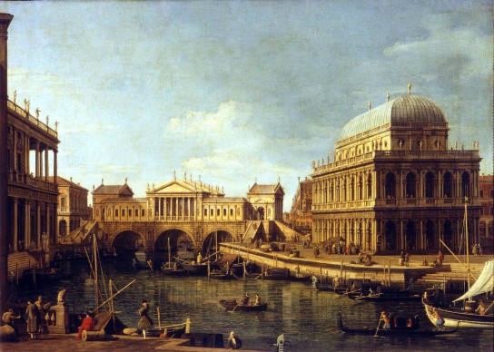 Canaletto, Il Canal Grande con il Ponte di Rialto secondo il progetto di Palladio, olio su tela, 58 x 83 cm. Parma, Galleria Nazionale