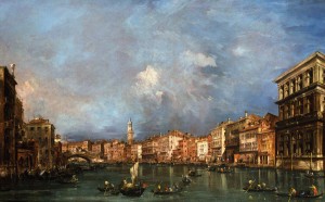 Francesco Guardi, Veduta del Canal Grande verso il Ponte di Rialto, olio su tela, 73 x 121 cm. Londra, collezione privata