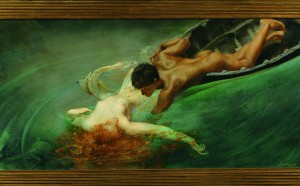 Giulio Aristide Sartorio, La sirena, 1893, olio su tela applicata su tavola, 71 x 142 cm, Torino, GAM - Gallerica Civica d'Arte Moderna e Contemporanea pittura simbolista mostra palazzo reale milano