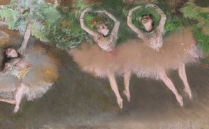 Edgar Degas, Ballet Scene (Scène de ballet), c. 1879. Pastel over monotype on paper. Plate: 8 x 16 in. (20.3 x 40.6 cm). William I. Koch Collection
