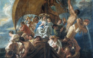 Jacob Jordaens La Sacra Famiglia in fuga su una barca olio su tela, 1652, cm 220 x 254 Skokloster Slot, Håbo, Svezia