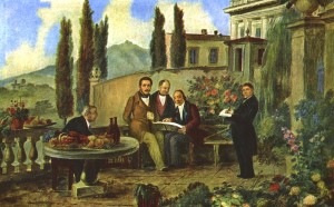 Luigi Deleidi detto il Nebbia, Donizetti e amici - Olio su tela cm 68x49 - Bergamo, museo donizettiano - da sinistra l'oste Bettinelli, Gaetano Donizetti, Dolci, Simone Mayr in piedi l'autore Deleidi