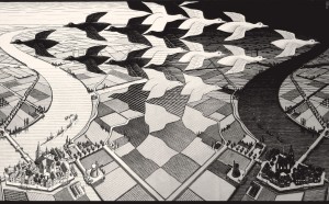 Maurits Cornelis Escher, Giorno e notte, Febbraio 1938, Xilografia, 39,1x67,7 cm, Collezione Giudiceandrea Federico. All M.C. Escher works © 2016 The M.C. Escher Company. All rights reserved