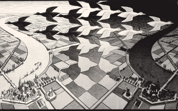Maurits Cornelis Escher, Giorno e notte, Febbraio 1938, Xilografia, 39,1x67,7 cm, Collezione Giudiceandrea Federico. All M.C. Escher works © 2016 The M.C. Escher Company. All rights reserved