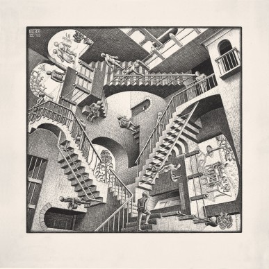 Maurits Cornelis Escher, Casa di scale - Relatività, 1953, Litografia, 27,7x29,2 cm, Collezione Giudiceandrea Federico. All M.C. Escher works © 2016 The M.C. Escher Company. All rights reserved