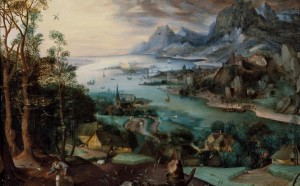 Pieter Brueghel il Vecchio (attr.) e Jacob Grimmer, Paesaggio con la parabola del seminatore, 1557. Olio su tavola, 52x 68,5 cm. Collezione privata