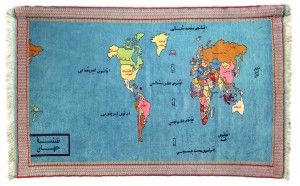 Planisfero con bandiere, tappeto annodato a mano, area di produzione Afghanistan