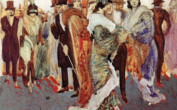 Aroldo Bonzagni, All’uscita dalla Scala, 1910 acquarello e tempera su carta applicata a cartone, 40,5x50,5 cm Milano, Galleria d’Arte Moderna