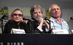Carrie Fisher, Mark Hamill e Harrison Ford al San Diego Comic Con International per la presentazione di Star Wars Il risveglio della Forza, San Diego, California