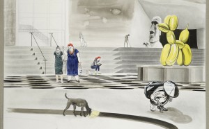 Charles Avery, Untitled (Two ladies walking in the Octagon of the Noumenon), 2013-2014, Pencil, ink, acrylic and gouache on paper mounted on linen, 98.5 x 129 cm Private Collection, London