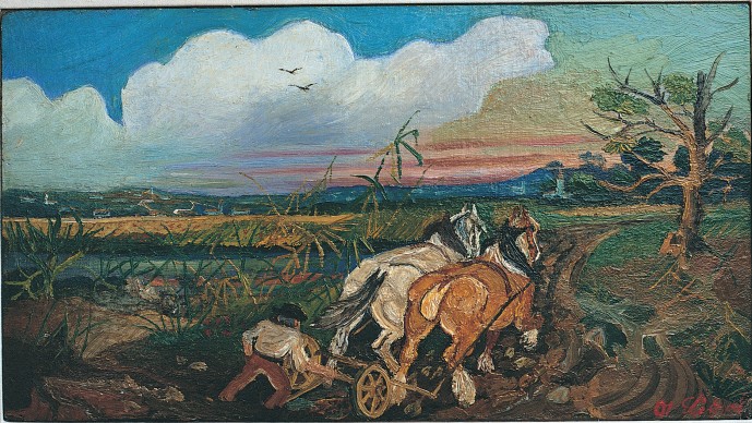 Antonio Ligabue, Aratura con cavalli, s.d. (1948), olio su cartone telato, 25 x 45 cm, Reggio Emilia, collezione privata