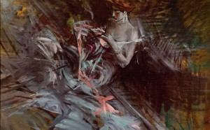 Giovanni Boldini, Il vestito da ballo (signora che cuce; interno con giovane intenta a cucire), 1904 ca. Olio su tavola, 27x35 cm. Collezioni d'Arte Fondazione Cariparma, donazione Renato Bruson