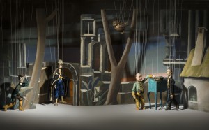 Composed scene from Das Eulenschloss: Baron Eulenschloss, his transformations Eule and Geheimsekretär Eulert; on the right, Kanzleirat Aktenmeier and Hofrat Federfuchser, Applied Arts Collection, Museum für Gestaltung, Zurich