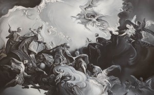 Glenn Brown, Let's Make Love and Listen to Death from Above, 2017. Oil on panel, 231 x 192 x 2.8 cm (91 x 75 5/8 x 1 1/8 in) © Glenn Brown. Photo: StudioPoe