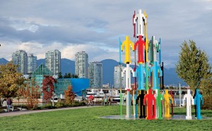 Jonathan Borofsky (born in 1942), Human Structures Vancouver, 2010, 64 moulded, welded and painted galvanized steel figures, concrete base, 730 x 510 x 510 cm. Vancouver Biennale loan, in collaboration with the McGill University Visual Arts Collection. Photo GoToVan