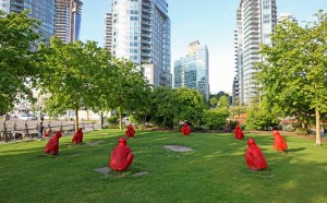 Wang Shugang (born in 1960), The Meeting, 2007, 8 painted bronze figures, 92 x 75 cm (each). Collection of the artist, Vancouver Biennale loan, in collaboration with the McGill University Visual Arts Collection. Photo Dan Fairchild