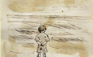 This image was drawn on the back of Edward Hopper’s third grade report card dated October 23, 1891, when Hopper was nine years old. Edward Hopper (1882-1967), Little Boy Looking at the Sea, n.d., ink on paper, 4.5 x 3.5 in. The Arthayer R. Sanborn Hopper Collection Trust