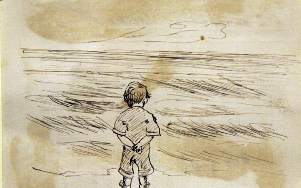 This image was drawn on the back of Edward Hopper’s third grade report card dated October 23, 1891, when Hopper was nine years old. Edward Hopper (1882-1967), Little Boy Looking at the Sea, n.d., ink on paper, 4.5 x 3.5 in. The Arthayer R. Sanborn Hopper Collection Trust