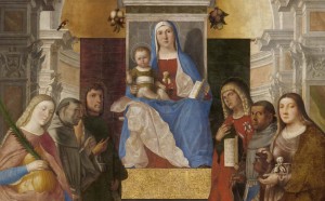 Marcello Fogolino: Madonna col Bambino in trono tra i ss. Caterina, Francesco, G.Battista, M. Maddalena, Antonio da Padova, Giovanni evang., olio su tela, 266x195, 1510-1520