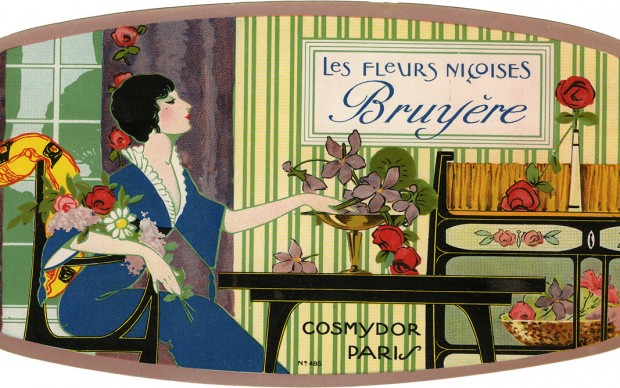 Les fleurs niçoises Bruyère,1930-40. Pubblicità profumeria Cosmydor, Parigi; etichetta per scatola di saponi profumati