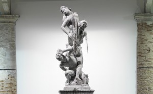 Urs Fischer, Untitled, 2011 Wax, pigments, wicks, steel Giambologna sculpture: 248 1/8 x 57 7/8 x 57 7/8 inches (630 x 147 x 147 cm) Rudi figure: 77 1/2 x 27 1/8 x 19 1/4 inches (197 x 69 x 49 cm) Office chair: 45 5/8 x 28 3/8 x 30 3/4 inches (116 x 72 x 78 cm) Edition of 2 & 1 AP Installation view, "ILLUMInazioni / ILLUMInations," Biennale di Venezia, 2011 Courtesy of the artist and Galerie Eva Presenhuber, Zurich. Photo: Stefan Altenburger