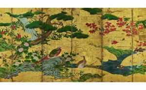 Scuola Kanō (copia da originale di Kanō Motonobu del 1550) Uccelli e fiori delle quattro stagioni Inizio del XVII secolo (periodo Edo; il dipinto originale è del 1550, periodo Muromachi) Coppia di paraventi a sei ante Inchiostro, colore e foglia d’oro su carta, cm 152,9 x 349 (ciascun paravento) Ōsaka shiritsu bijutsukan (Museo Municipale d’Arte di Osaka)