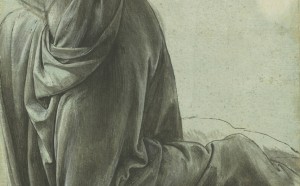 Leonardo da Vinci. The drapery of a kneeling figure. c. 1491–94. Brush and black ink with white heightening on pale blue prepared paper. 8 ⅜ × 6 ¼ in. (21.3 × 15.9 cm). The Royal Collection/HM Queen Elizabeth II. Photo: Royal Collection Trust/© Her Majesty Queen Elizabeth II 2017