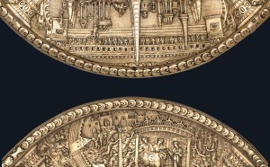 Anonymous (Netherlandish?) goldsmith. Detail of the Domitian dish from the Aldobrandini Tazze, ca. 1587–99. Gilded silver. Minneapolis Institute of Art, The James Ford Bell Family Foundation Fund, The M. R. Schweitzer Fund, and The Christina N. and Swan J. Turnblad Memorial Fund; Anonymous (Netherlandish?). Detail of the Titus dish from the Aldobrandini Tazze, ca. 1587-99. Gilded silver. Museu Nacional de Arte Antiga, Lisbon