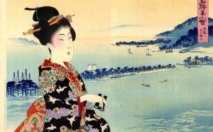 Yōshū Chikanobu (1838-1912) Tango Ama no Hashidate “Ama no Hashidate nella provincia di Tango” serie Meisho bijin awase, “Raffronto di belle donne e luoghi famosi” formato: ōban nimaitsuzuki tate-e tecnica: nishiki-e, stampa broccato editore: Matsuki Heikichi data: Meiji 31, 1898