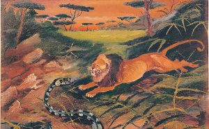 Antonio Ligabue, Leone con serpente, s.d. (1942-1943), olio su tavola di compensato, 59,5 x 57,5 cm, Guastalla ( Reggio Emilia), collezione privata