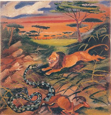 Antonio Ligabue, Leone con serpente, s.d. (1942-1943), olio su tavola di compensato, 59,5 x 57,5 cm, Guastalla ( Reggio Emilia), collezione privata