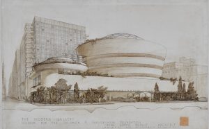 Solomon R. Guggenheim Museum (New York, New York). Exterior perspective [4305.017] The Frank Lloyd Wright Foundation Archives (The Museum of Modern Art | Avery Architectural & Fine Arts Library, Columbia University, New York)