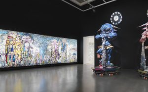Installation view of 69 Arhats Beneath the Bodhi Tree, 2013 (left), Embodiment of "Um", 2014 (centre) and Embodiment of "A", 2014 (right) in Takashi Murakami: The Octopus Eats Its Own Leg, Vancouver Art Gallery, February 3 to May 6, 2018, © Takashi Murakami/Kaikai Kiki Co., Ltd. All Rights Reserved, Photo: Rachel Topham, Vancouver Art Gallery