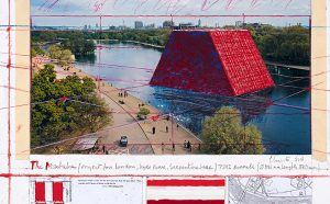 Christo, The Mastaba (Project for London, Hyde Park, Serpentine Lake), Collage 2018: 43.1 x 55.9, Pencil, wax crayon, enamel paint, colour photograph by Wolfgang Volz, map, technical data, mylar and tape, Photo: André Grossmann © Christo 2018