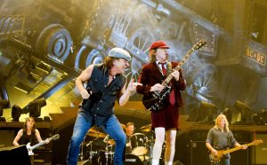 Rockband AC/DC with lead vocalist Brian Johnson and lead guitarist Angus Young play to a full audience at Telenor Arena in Fornebu just outside Oslo Wednesday evening Feb. 18, 2009. It was their first performance in Europe on their Black Ice World Tour which continues to Stockholm and Paris through April 23, 2009 when Birmingham wraps up the European part of the tour. (AP Photo/Scanpix, Sara Johannessen) ** NORWAY OUT **