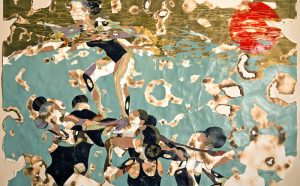 Modupeola Fadugba, How to do a Platform Lift, acrilico, olio, inchiostro e foglia d'oro su carta bruciata, 2016