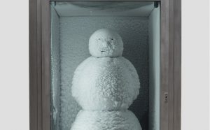Peter Fischli and David Weiss. Snowman. 1987/2016. Copper, aluminum, glass, water, and coolant system, 85 7/8 x 50 3/8 x 65″ (218 x 128 x 165 cm). Courtesy Matthew Marks Gallery. © Peter Fischli and David Weiss