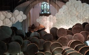 Jacob Hashimoto, The Eclipse, 2017-2018 bamboo, paper, screenprints, and cotton thread dimensions variable Photo: Timothy Schenck